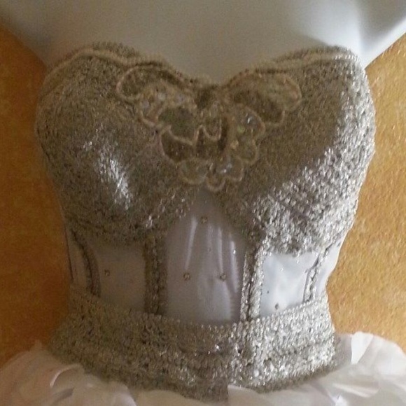 SAMPLE DRESS SIZE 34DD CORSET Sheer Jewel Boned White Silver Corset Tutu Dress - Picture 3 of 4